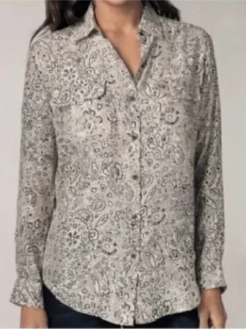 Vintage Rare CAbi Stretchy 100% Silk Gray Paisley Button-Down Shirt, Size Small